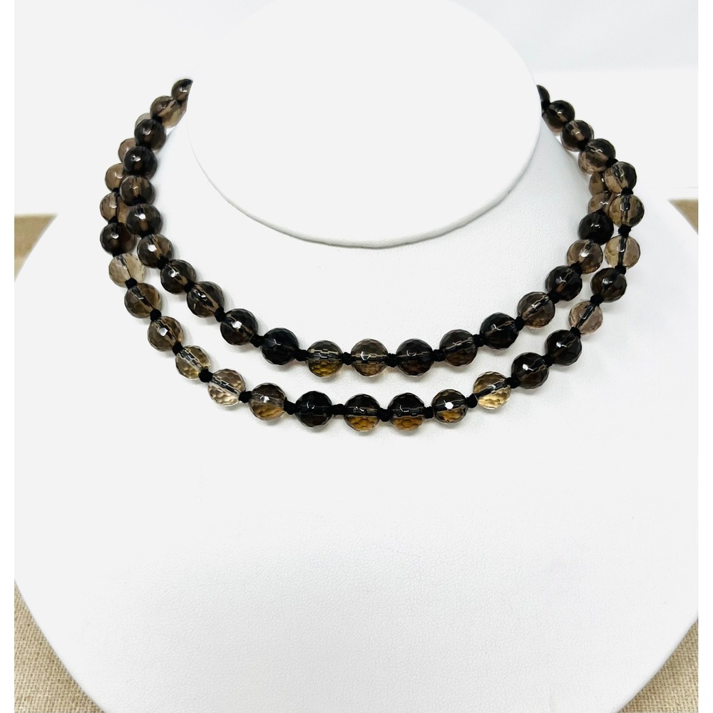 Stainless Steel Faceted Smoky Quartz Hand Knotted Bead Necklace